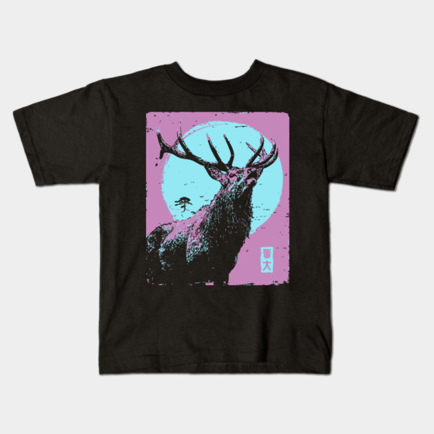 Regal Stag Deer Japanese Art | Purple & Blue Ukiyo-e Style Kids T-Shirt by TuncGK