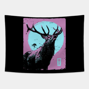 Regal Stag Deer Japanese Art | Purple & Blue Ukiyo-e Style Tapestry