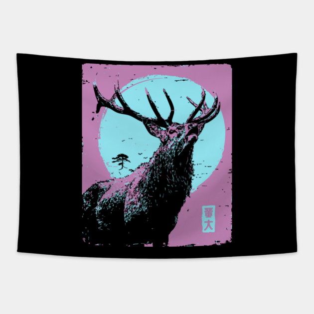 Regal Stag Deer Japanese Art | Purple & Blue Ukiyo-e Style Tapestry by TuncGK