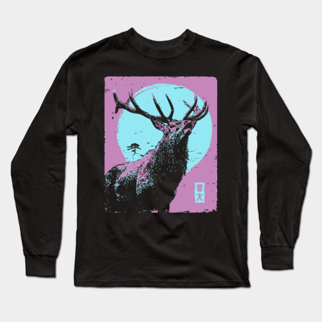 Regal Stag Deer Japanese Art | Purple & Blue Ukiyo-e Style Long Sleeve T-Shirt by TuncGK