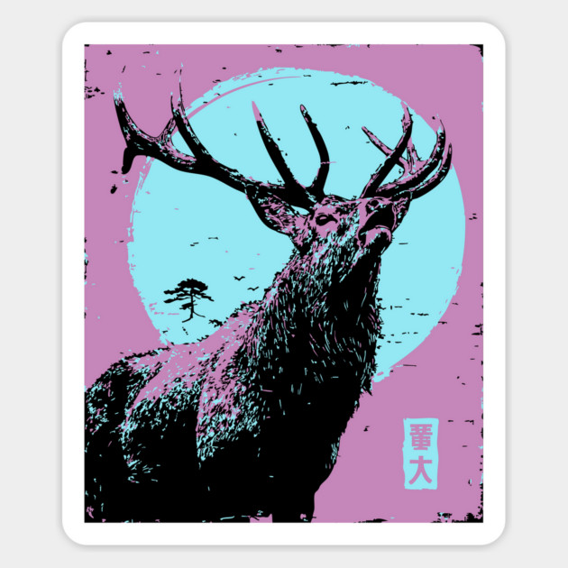 Regal Stag Deer Japanese Art | Purple & Blue Ukiyo-e Style Magnet by TuncGK