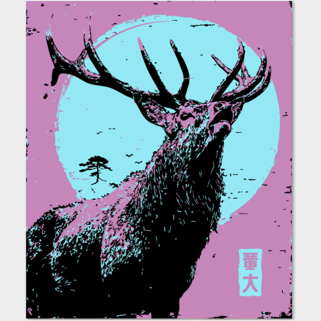 Regal Stag Deer Japanese Art | Purple & Blue Ukiyo-e Style Wall Art by TuncGK