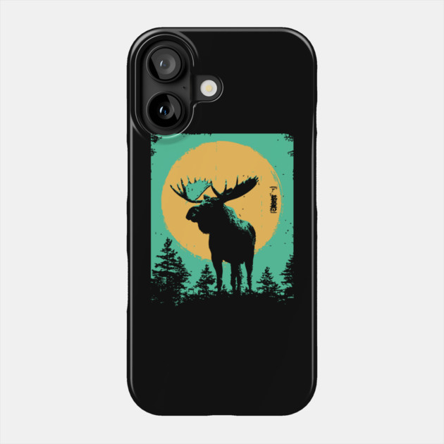Powerful Moose Japanese Art | Orange Sun Forest Ukiyo-e Style Phone Case by TuncGK