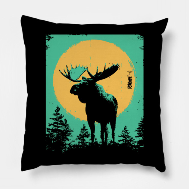 Powerful Moose Japanese Art | Orange Sun Forest Ukiyo-e Style Pillow by TuncGK