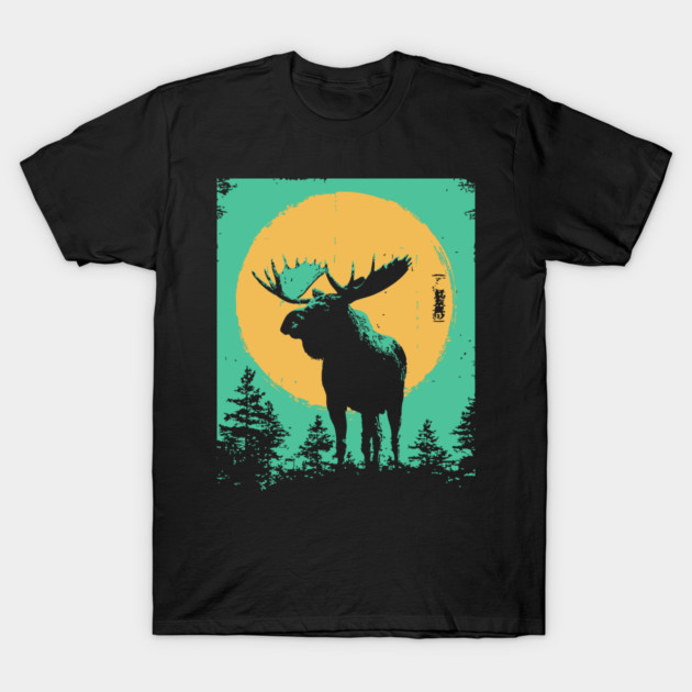 Powerful Moose Japanese Art | Orange Sun Forest Ukiyo-e Style T-Shirt by TuncGK