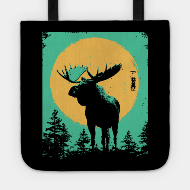 Powerful Moose Japanese Art | Orange Sun Forest Ukiyo-e Style Tote by TuncGK