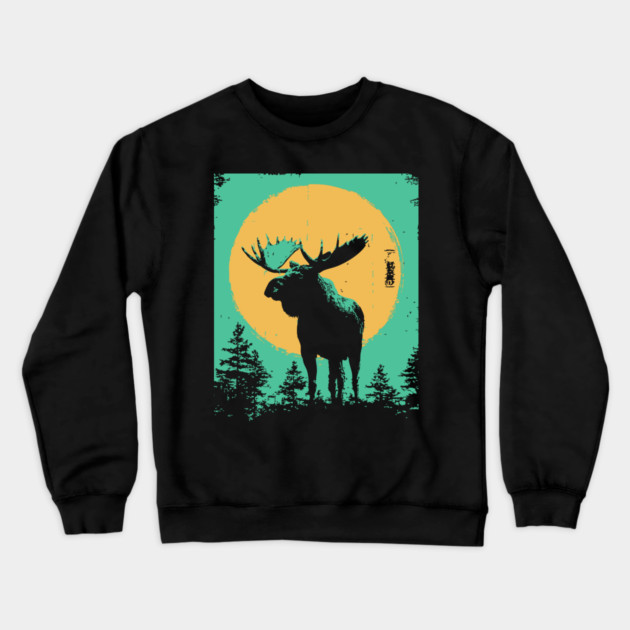 Powerful Moose Japanese Art | Orange Sun Forest Ukiyo-e Style Crewneck Sweatshirt by TuncGK