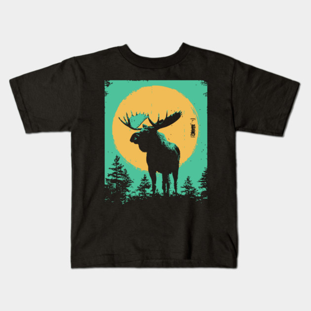 Powerful Moose Japanese Art | Orange Sun Forest Ukiyo-e Style Kids T-Shirt by TuncGK