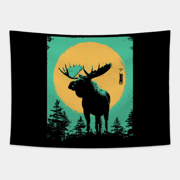 Powerful Moose Japanese Art | Orange Sun Forest Ukiyo-e Style Tapestry by TuncGK