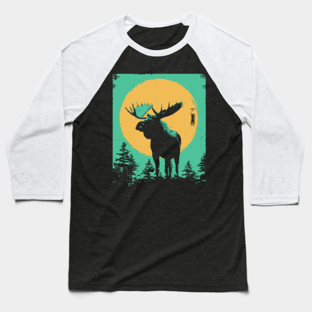 Powerful Moose Japanese Art | Orange Sun Forest Ukiyo-e Style Baseball T-Shirt by TuncGK