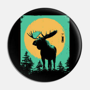 Powerful Moose Japanese Art | Orange Sun Forest Ukiyo-e Style Pin