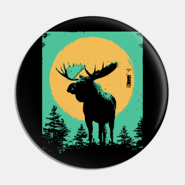 Powerful Moose Japanese Art | Orange Sun Forest Ukiyo-e Style Pin by TuncGK