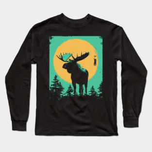Powerful Moose Japanese Art | Orange Sun Forest Ukiyo-e Style Long Sleeve T-Shirt