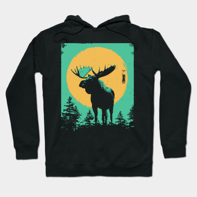 Powerful Moose Japanese Art | Orange Sun Forest Ukiyo-e Style Hoodie by TuncGK