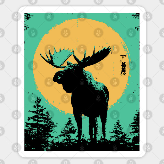 Powerful Moose Japanese Art | Orange Sun Forest Ukiyo-e Style Sticker by TuncGK