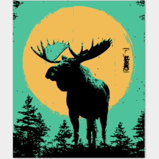 Powerful Moose Japanese Art | Orange Sun Forest Ukiyo-e Style Posters and Art
