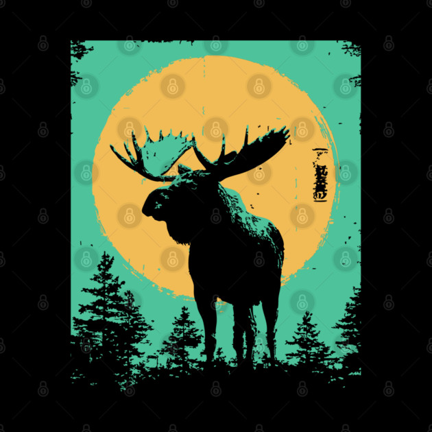 Powerful Moose Japanese Art | Orange Sun Forest Ukiyo-e Style by TuncGK