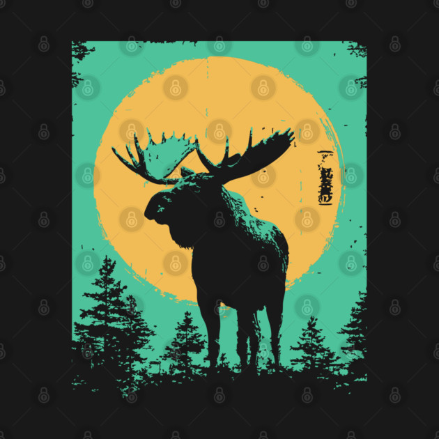 Powerful Moose Japanese Art | Orange Sun Forest Ukiyo-e Style by TuncGK