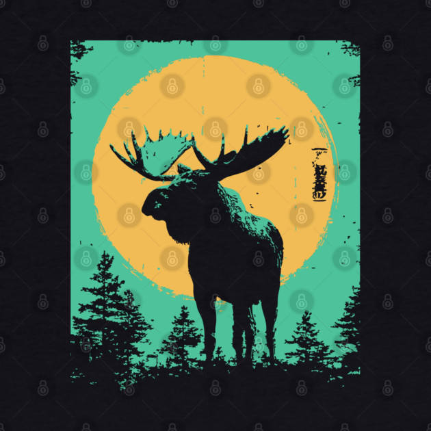 Powerful Moose Japanese Art | Orange Sun Forest Ukiyo-e Style by TuncGK