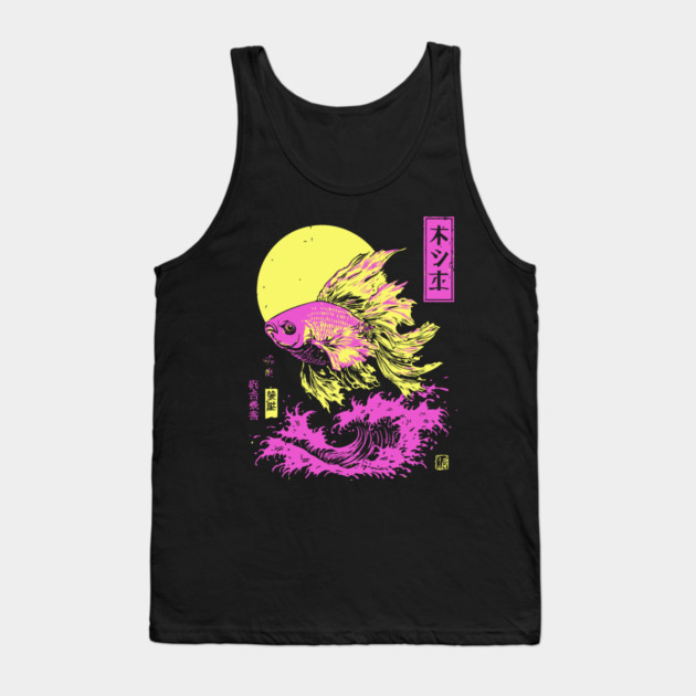 Flowing Goldfish Japanese Art | Pink & Yellow Ocean Ukiyo-e Style Tank Top by TuncGK