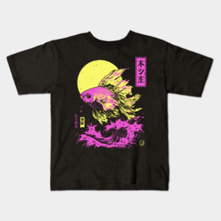 Flowing Goldfish Japanese Art | Pink & Yellow Ocean Ukiyo-e Style Kids T-Shirt