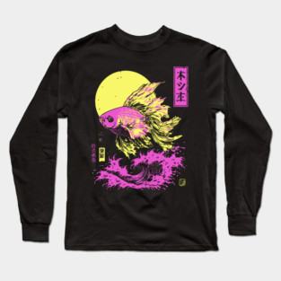 Flowing Goldfish Japanese Art | Pink & Yellow Ocean Ukiyo-e Style Long Sleeve T-Shirt