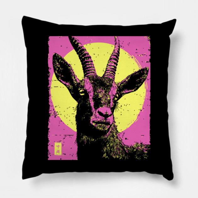 Mountain Goat Japanese Art | Pink & Yellow Ukiyo-e Style Pillow by TuncGK