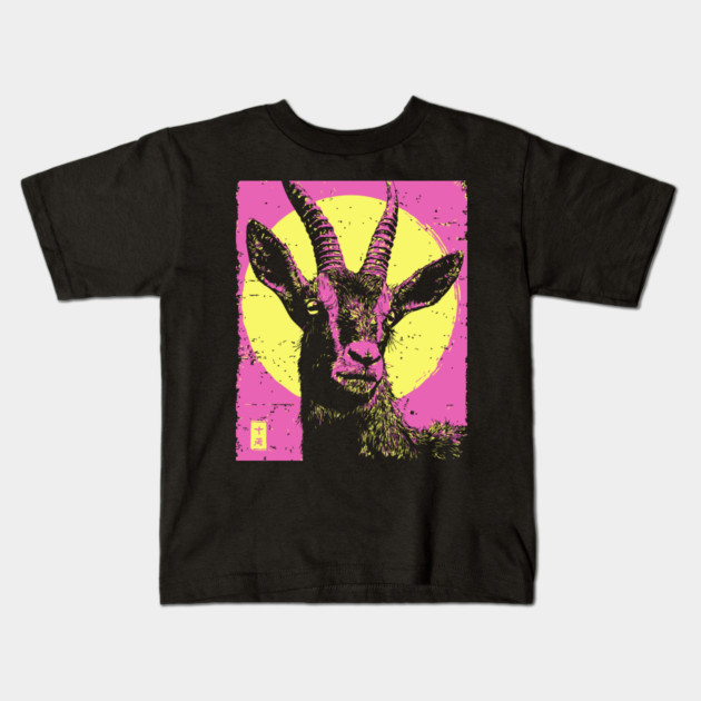 Mountain Goat Japanese Art | Pink & Yellow Ukiyo-e Style Kids T-Shirt by TuncGK