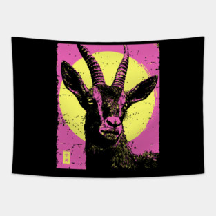 Mountain Goat Japanese Art | Pink & Yellow Ukiyo-e Style Tapestry