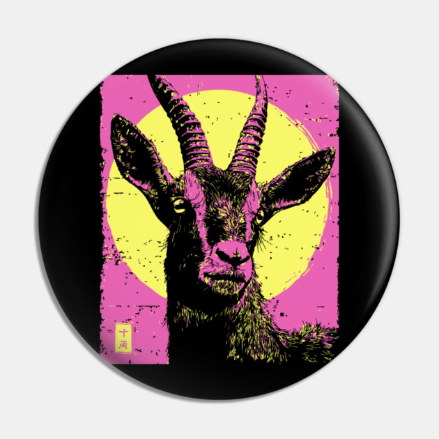 Mountain Goat Japanese Art | Pink & Yellow Ukiyo-e Style Pin by TuncGK