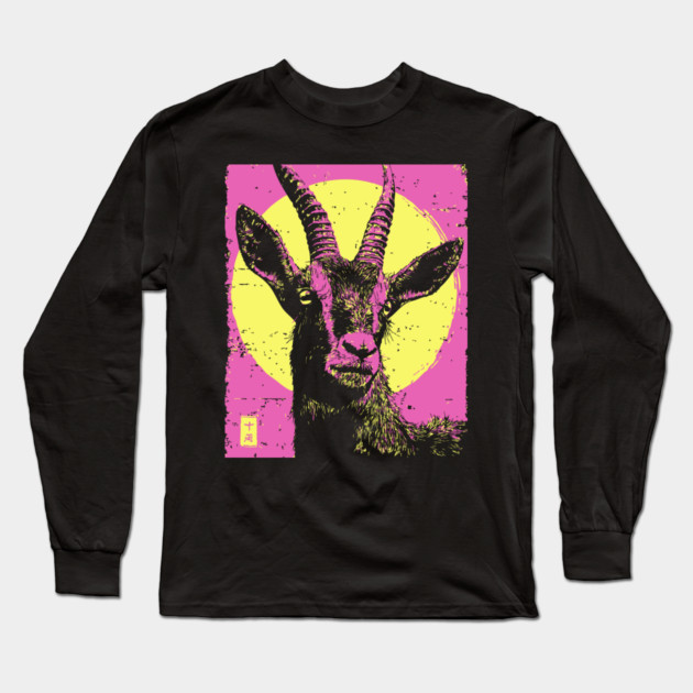 Mountain Goat Japanese Art | Pink & Yellow Ukiyo-e Style Long Sleeve T-Shirt by TuncGK