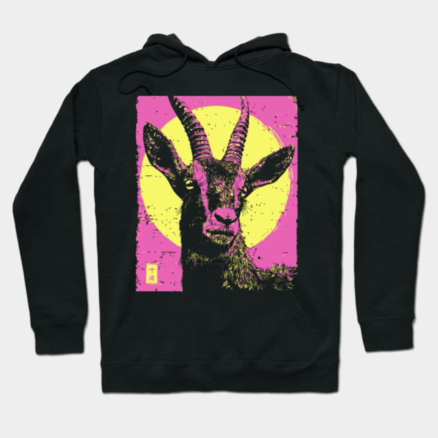 Mountain Goat Japanese Art | Pink & Yellow Ukiyo-e Style Hoodie by TuncGK
