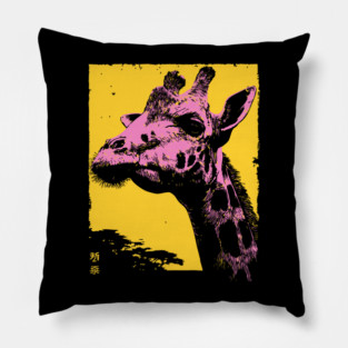 Elegant Giraffe Head Japanese Art | Pink & Yellow Ukiyo-e Style Pillow