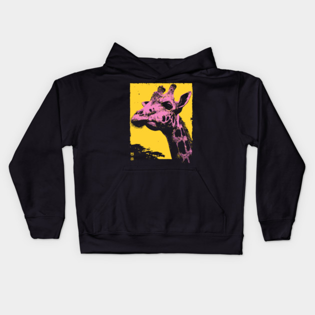 Elegant Giraffe Head Japanese Art | Pink & Yellow Ukiyo-e Style Kids Hoodie by TuncGK