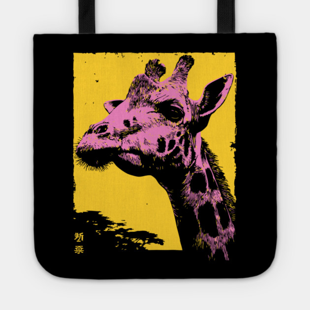Elegant Giraffe Head Japanese Art | Pink & Yellow Ukiyo-e Style Tote by TuncGK