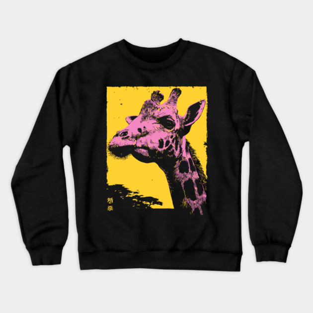 Elegant Giraffe Head Japanese Art | Pink & Yellow Ukiyo-e Style Crewneck Sweatshirt by TuncGK
