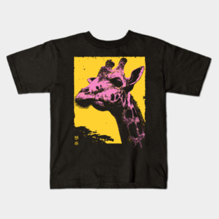 Elegant Giraffe Head Japanese Art | Pink & Yellow Ukiyo-e Style Kids T-Shirt