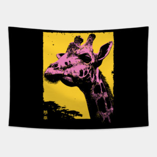 Elegant Giraffe Head Japanese Art | Pink & Yellow Ukiyo-e Style Tapestry