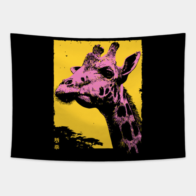 Elegant Giraffe Head Japanese Art | Pink & Yellow Ukiyo-e Style Tapestry by TuncGK