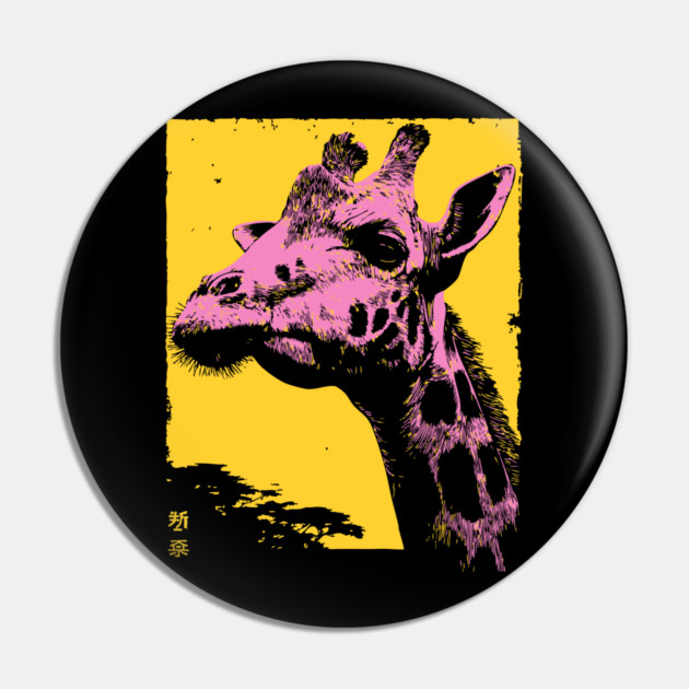 Elegant Giraffe Head Japanese Art | Pink & Yellow Ukiyo-e Style Pin by TuncGK