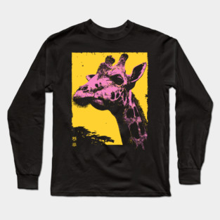 Elegant Giraffe Head Japanese Art | Pink & Yellow Ukiyo-e Style Long Sleeve T-Shirt