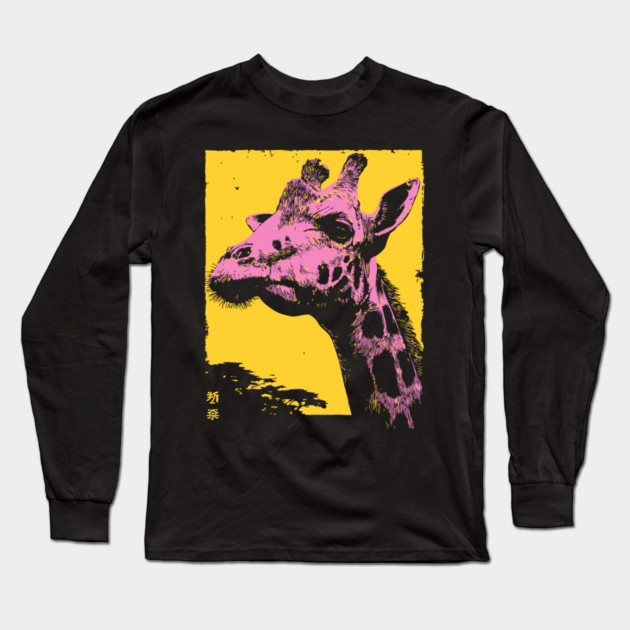 Elegant Giraffe Head Japanese Art | Pink & Yellow Ukiyo-e Style Long Sleeve T-Shirt by TuncGK