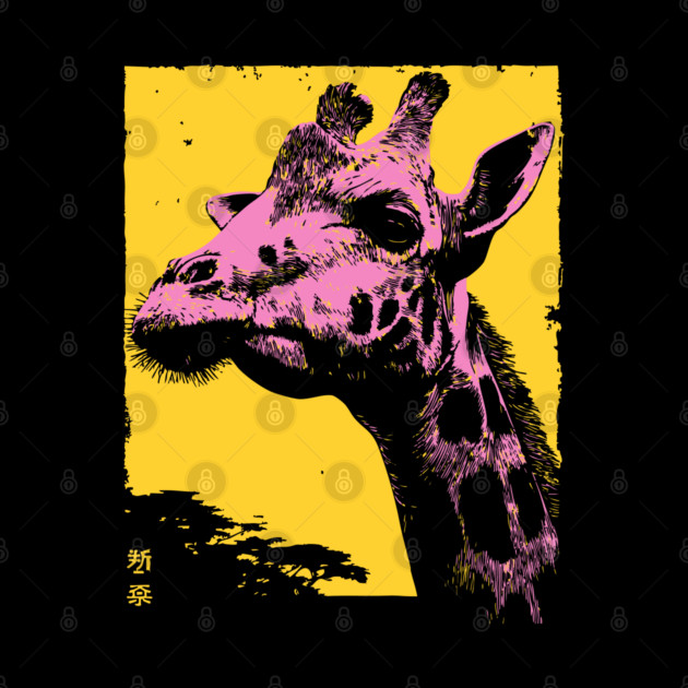 Elegant Giraffe Head Japanese Art | Pink & Yellow Ukiyo-e Style by TuncGK
