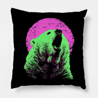 Roaring Grizzly Bear Japanese Art | Neon Pink & Green Ukiyo-e Style Pillow