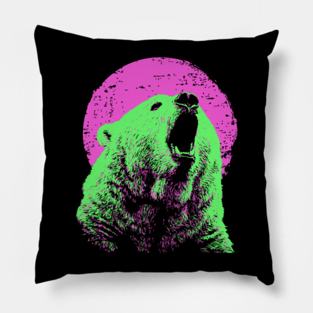 Roaring Grizzly Bear Japanese Art | Neon Pink & Green Ukiyo-e Style Pillow by TuncGK