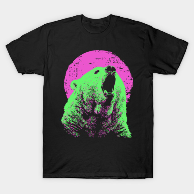 Roaring Grizzly Bear Japanese Art | Neon Pink & Green Ukiyo-e Style T-Shirt by TuncGK
