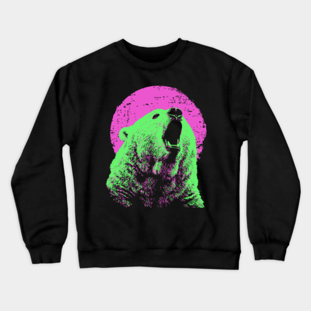 Roaring Grizzly Bear Japanese Art | Neon Pink & Green Ukiyo-e Style Crewneck Sweatshirt by TuncGK