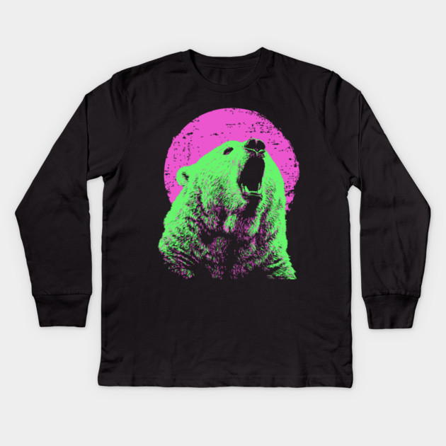 Roaring Grizzly Bear Japanese Art | Neon Pink & Green Ukiyo-e Style Kids Long Sleeve T-Shirt by TuncGK