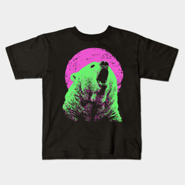 Roaring Grizzly Bear Japanese Art | Neon Pink & Green Ukiyo-e Style Kids T-Shirt by TuncGK