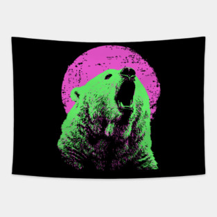 Roaring Grizzly Bear Japanese Art | Neon Pink & Green Ukiyo-e Style Tapestry